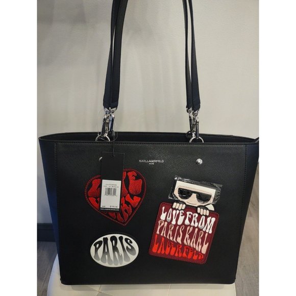 ❤️Karl Lagerfeld Love From Paris Patch Tote Bag Black Heart iconic purse Handbag - Picture 3 of 6